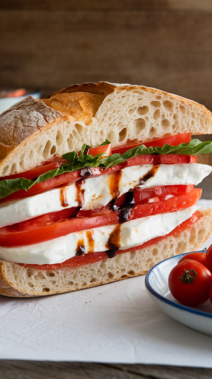 A Caprese sandwich with layers of mozzarella, tomatoes, and basil on crusty bread.