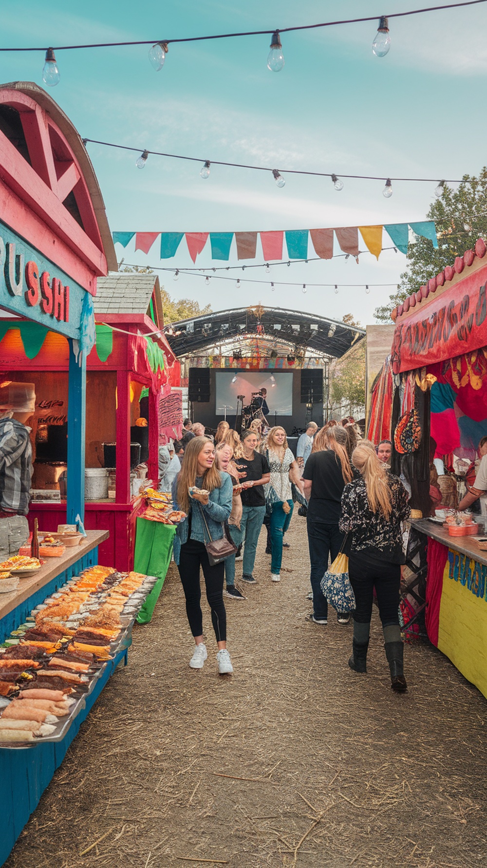 A colorful food festival scene with food stalls, visitors enjoying food, and a stage in the background.