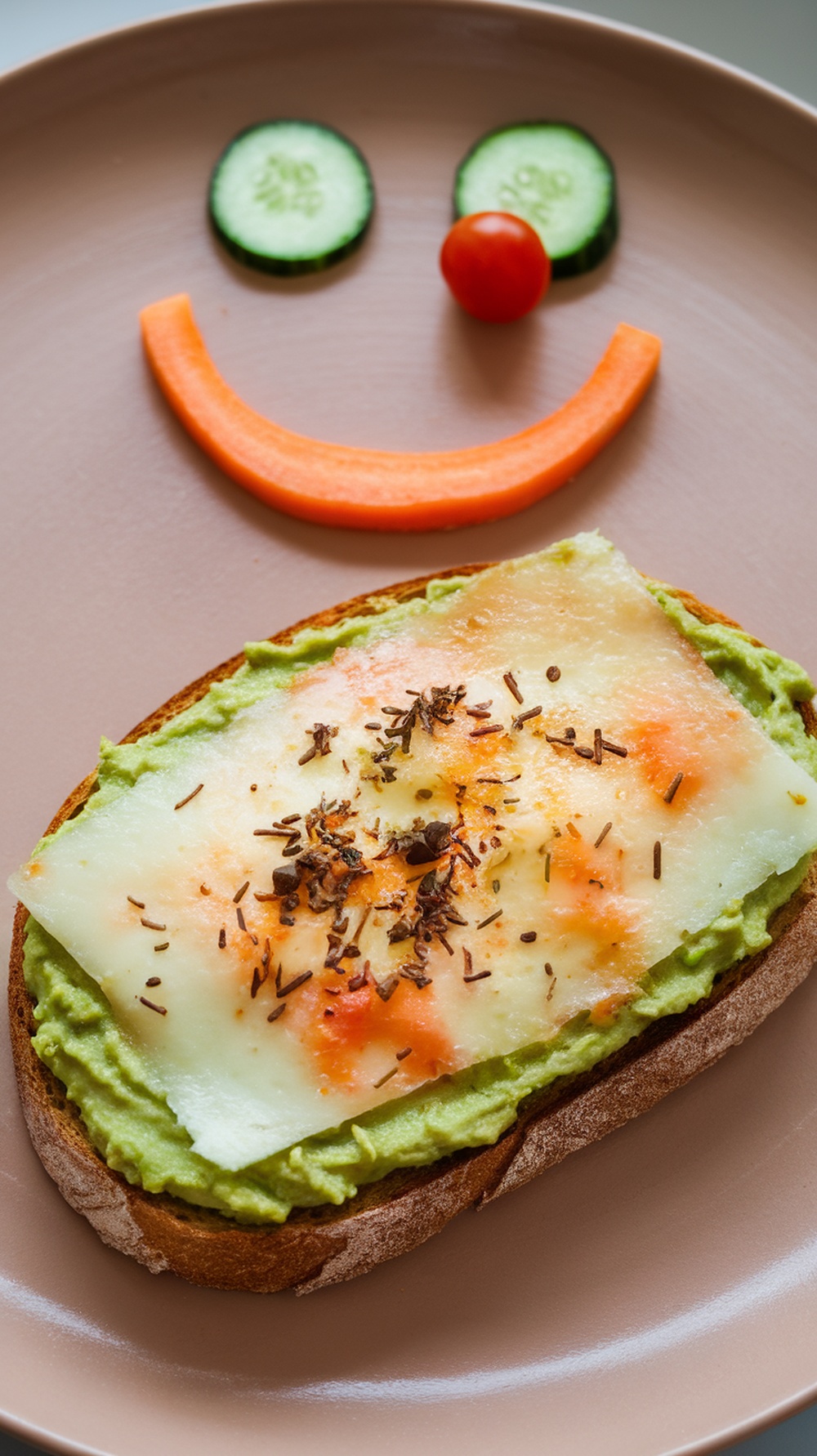 A plate of cheesy avocado toast topped with melted cheese and a smiley face made from vegetables.