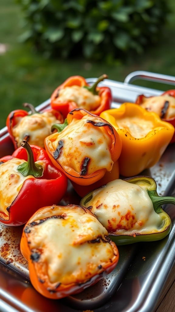 A tray of cheesy grilled peppers in various colors, including red, yellow, and green, with melted cheese on top.