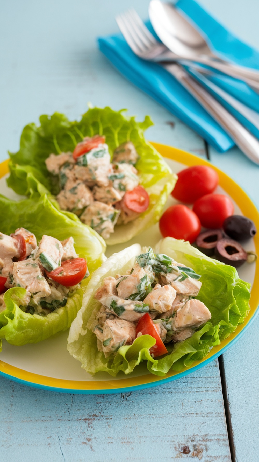 Chicken salad lettuce wraps with tomatoes on a colorful plate