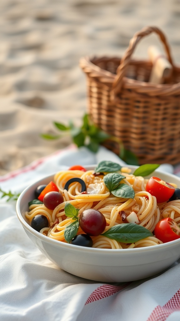 A bowl of chilled pasta salad with cherry tomatoes, olives, and basil on a beach setting.