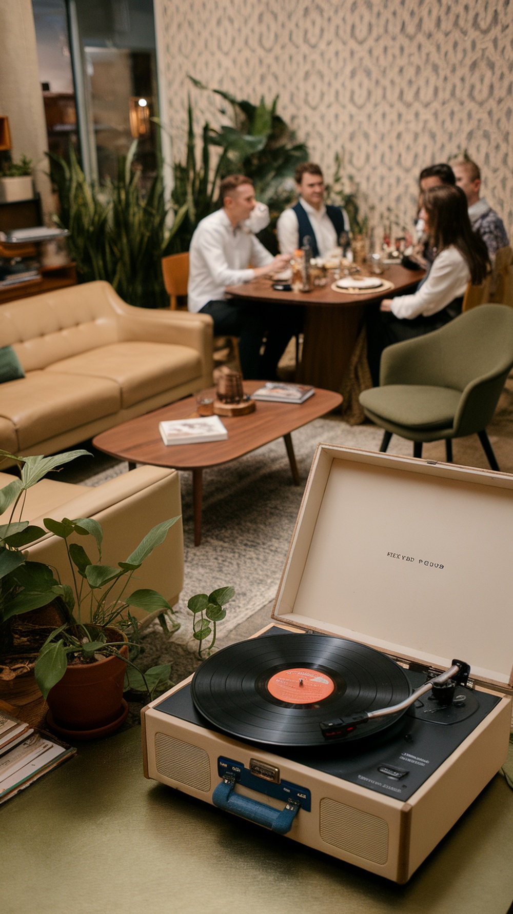 A vintage record player with a vinyl record at a dinner party setting, featuring a group of friends enjoying a meal.