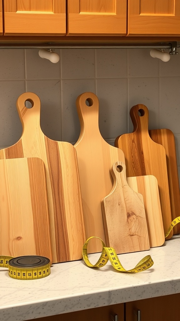 A variety of wooden chopping boards of different sizes with a measuring tape on a kitchen counter.