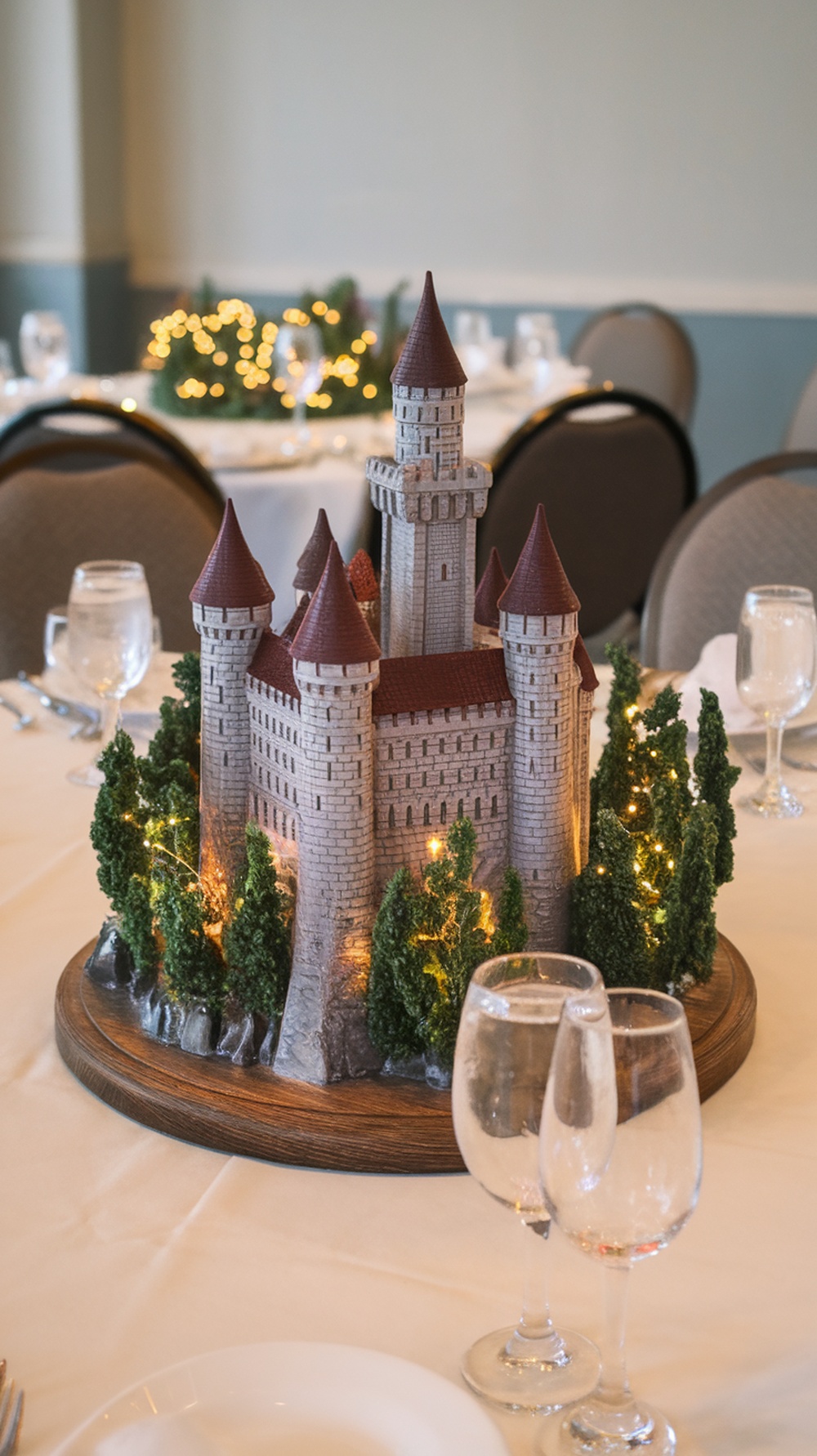 A beautifully arranged dinner table featuring a castle centerpiece surrounded by greenery and decorative lights.