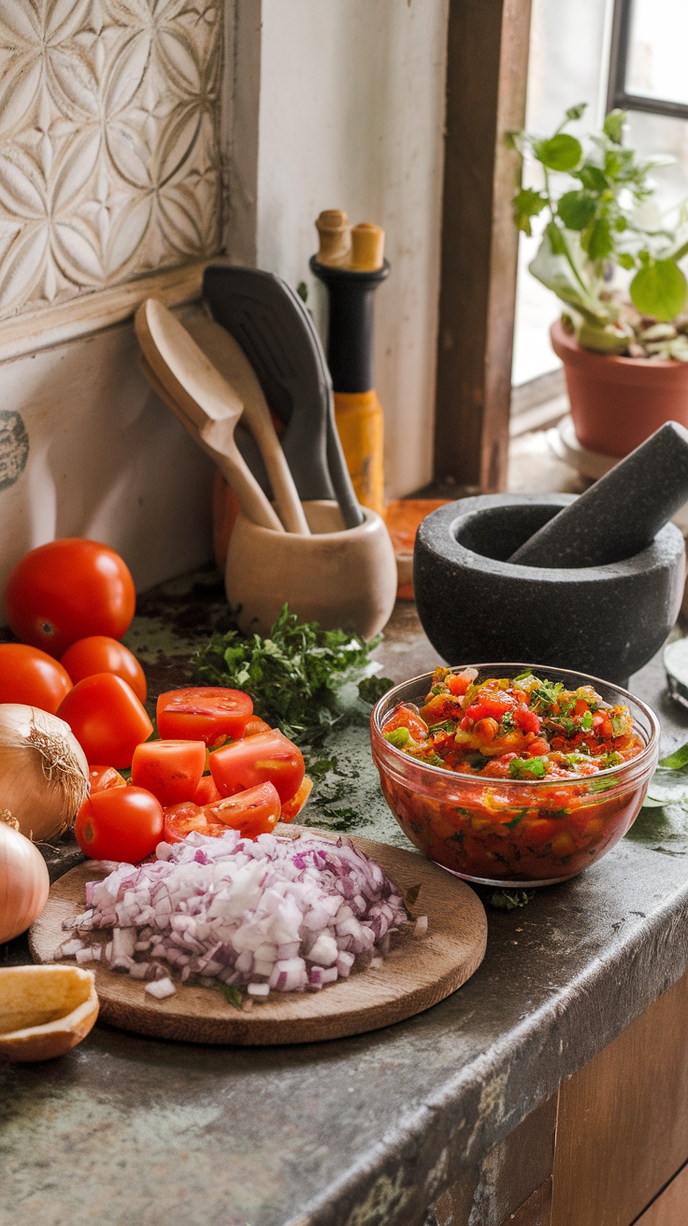 Chopped onions and fresh ingredients for making salsa.