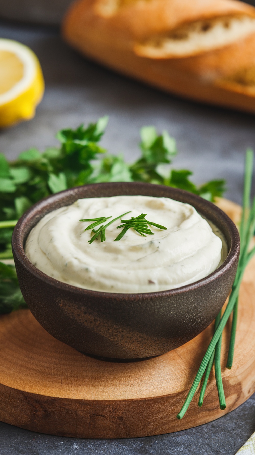 Bowl of creamy aioli with herbs, lemon, and bread in the background