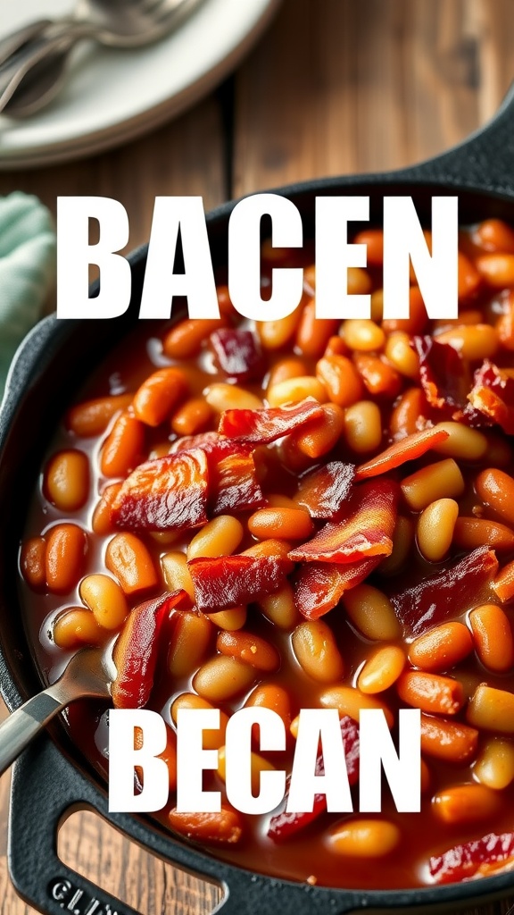 A pot of classic baked beans with bacon, showing rich sauce and crispy bacon pieces.