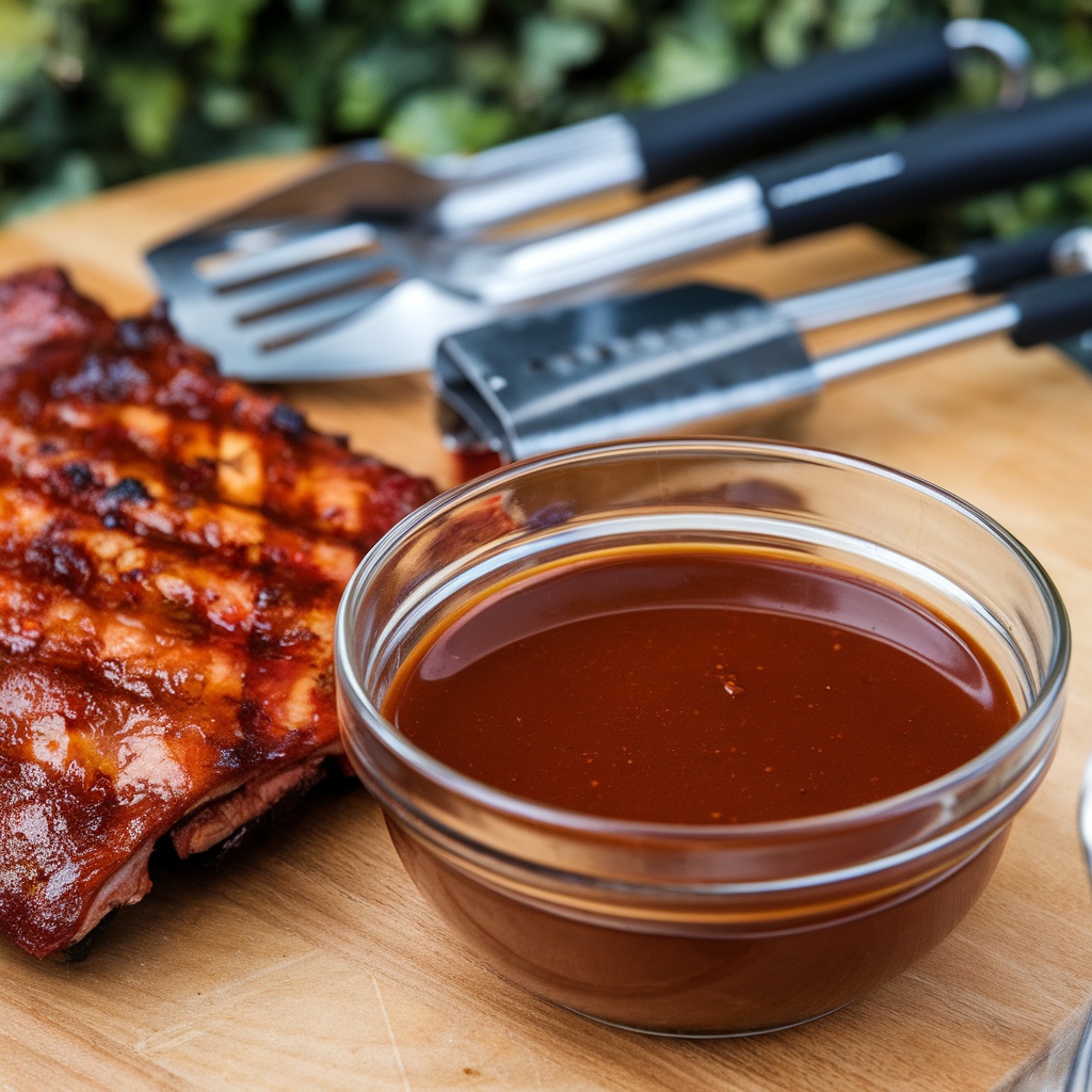 A bowl of classic BBQ sauce next to grilled ribs and grilling tools.