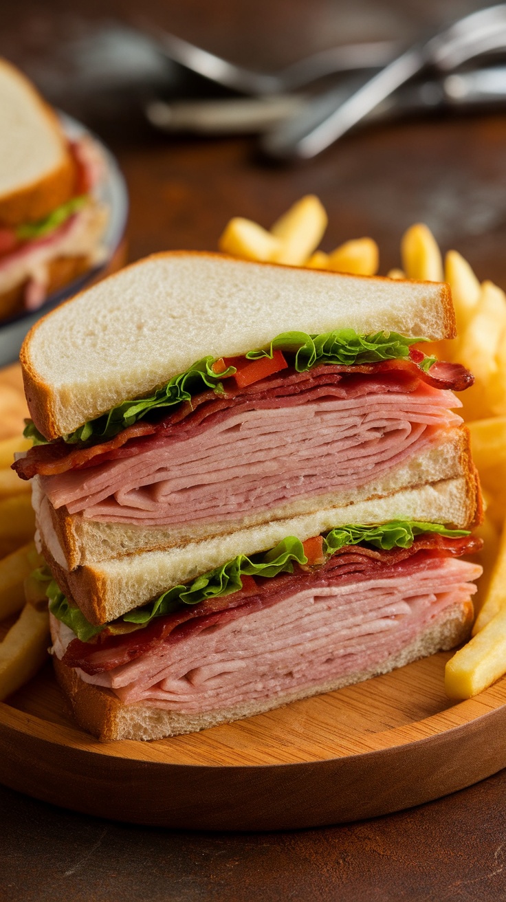 Classic club sandwich with layers of turkey and bacon, served with fries.