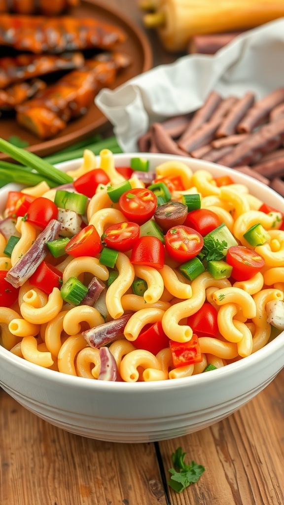 A bowl of classic macaroni salad with vegetables, featuring elbow macaroni, cherry tomatoes, green bell peppers, and onions, placed on a wooden table with BBQ items in the background.