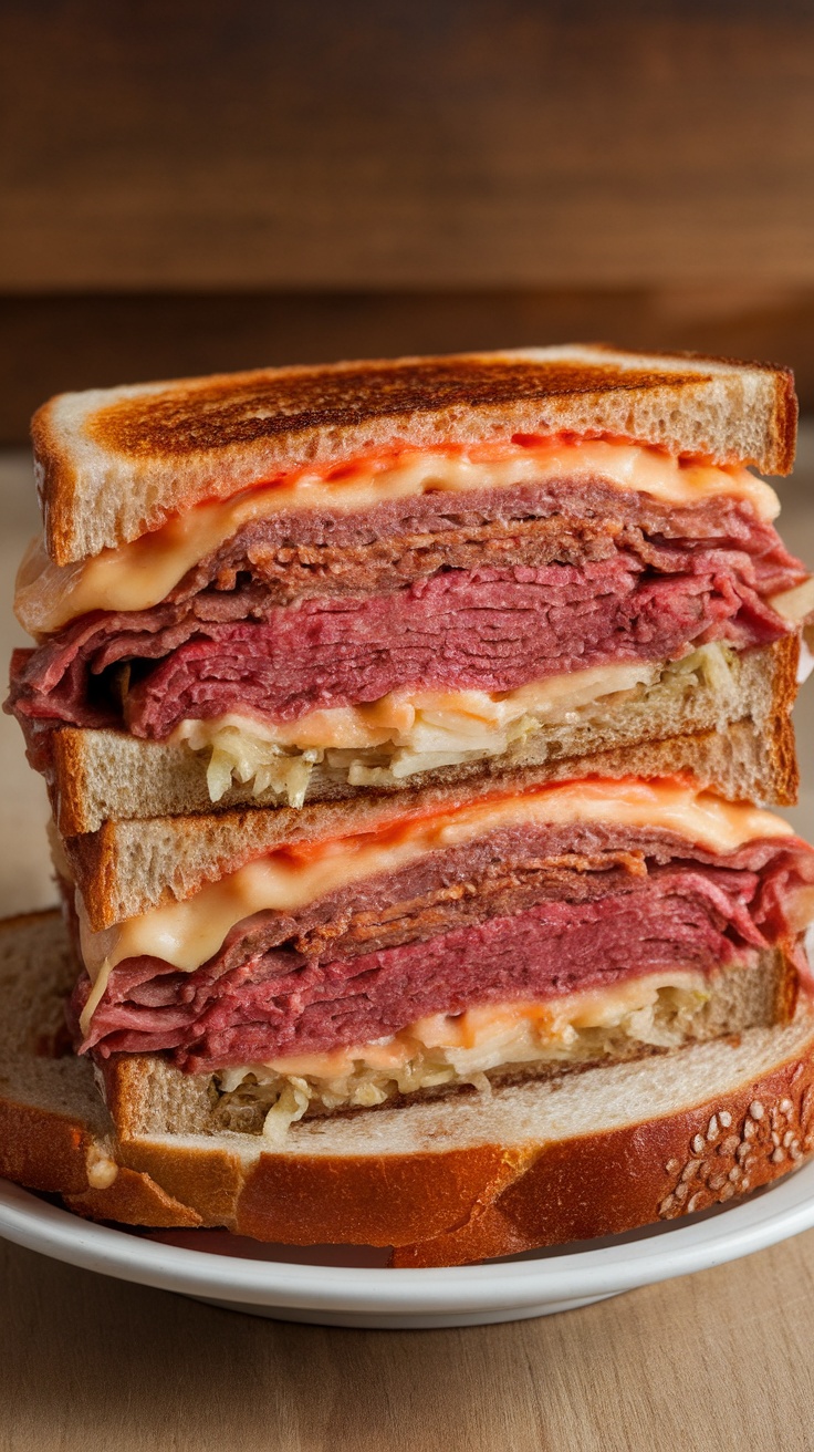 A close-up of a stacked Classic Reuben sandwich with layers of corned beef, sauerkraut, and Swiss cheese.