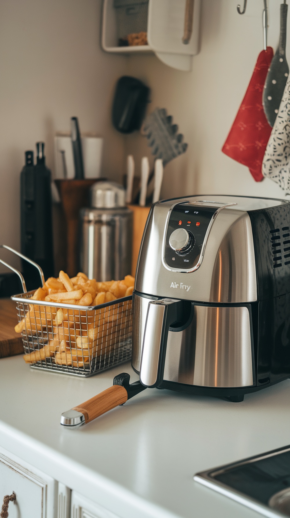 A compact air fryer with a basket of fries next to it on a kitchen counter.