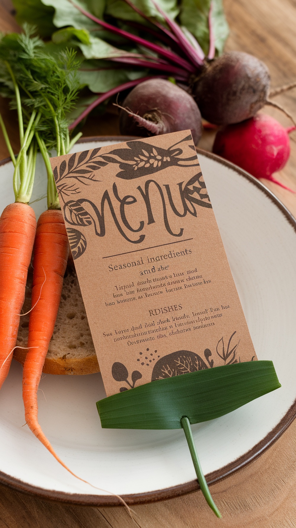 A seasonal menu featuring fresh carrots and beets on a plate with a decorative menu card.