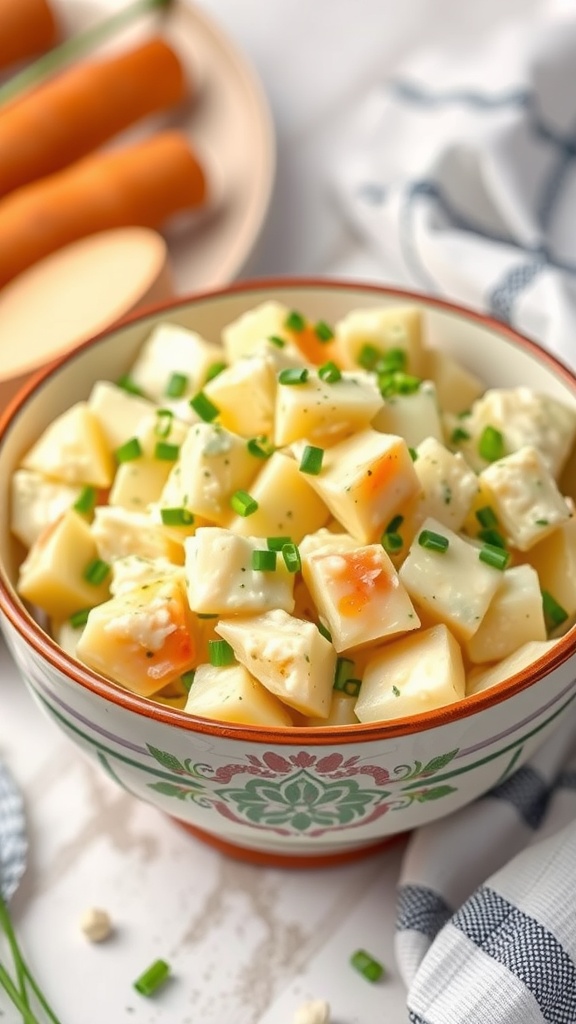 A bowl of creamy potato salad with chopped chives, with fresh carrots in the background.