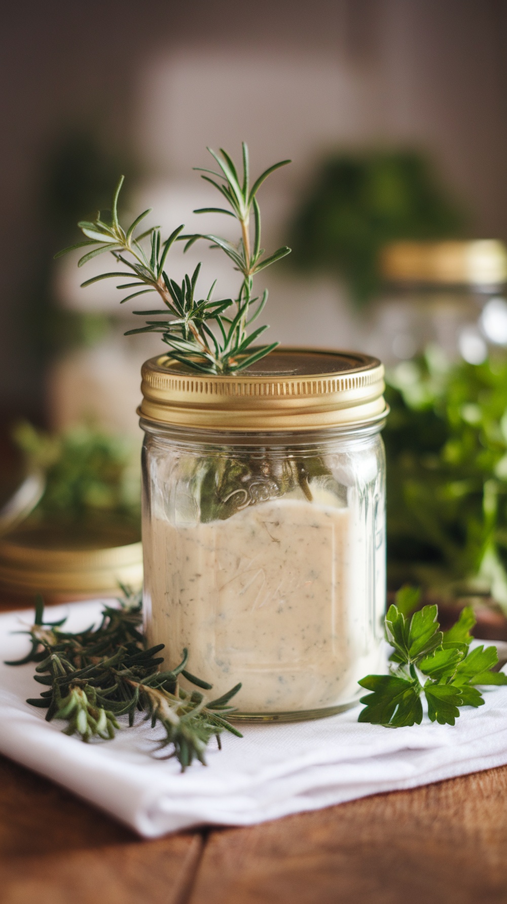 A mason jar filled with creamy ranch dressing, topped with a sprig of rosemary, surrounded by fresh herbs.