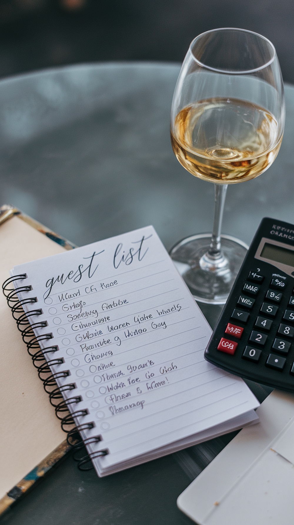 A guest list written in a notebook with a glass of wine and a calculator on the side