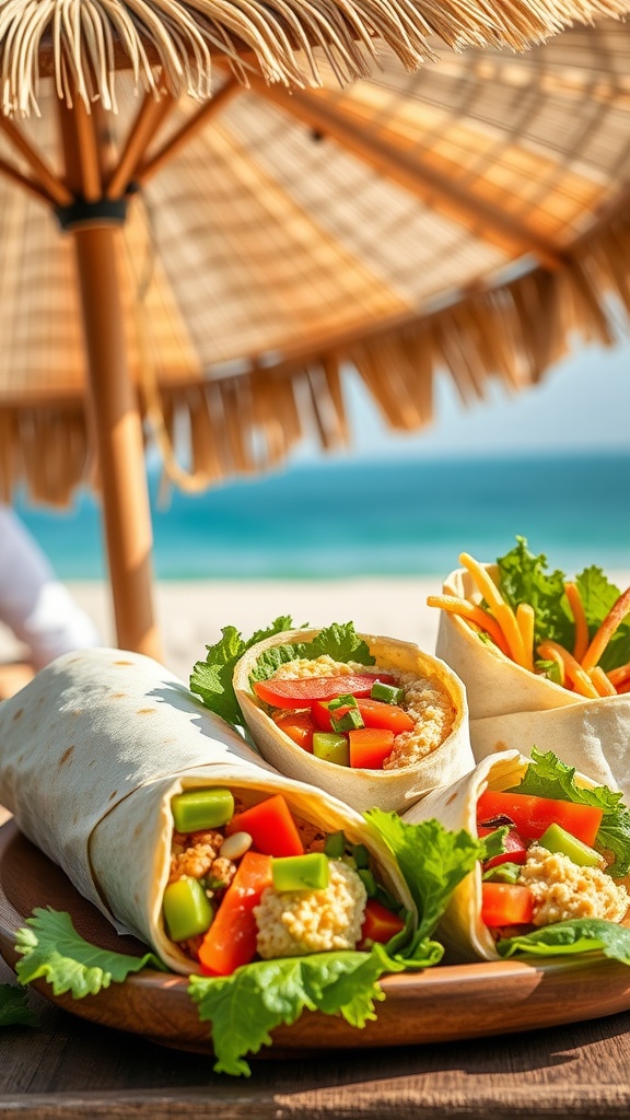 A plate of crunchy veggie wraps with fresh vegetables, served at a beach setting