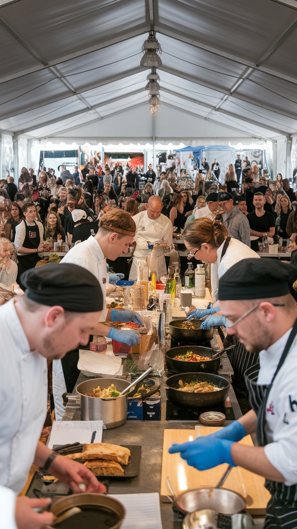 A lively culinary competition at a food festival with chefs preparing dishes in front of an engaged audience.