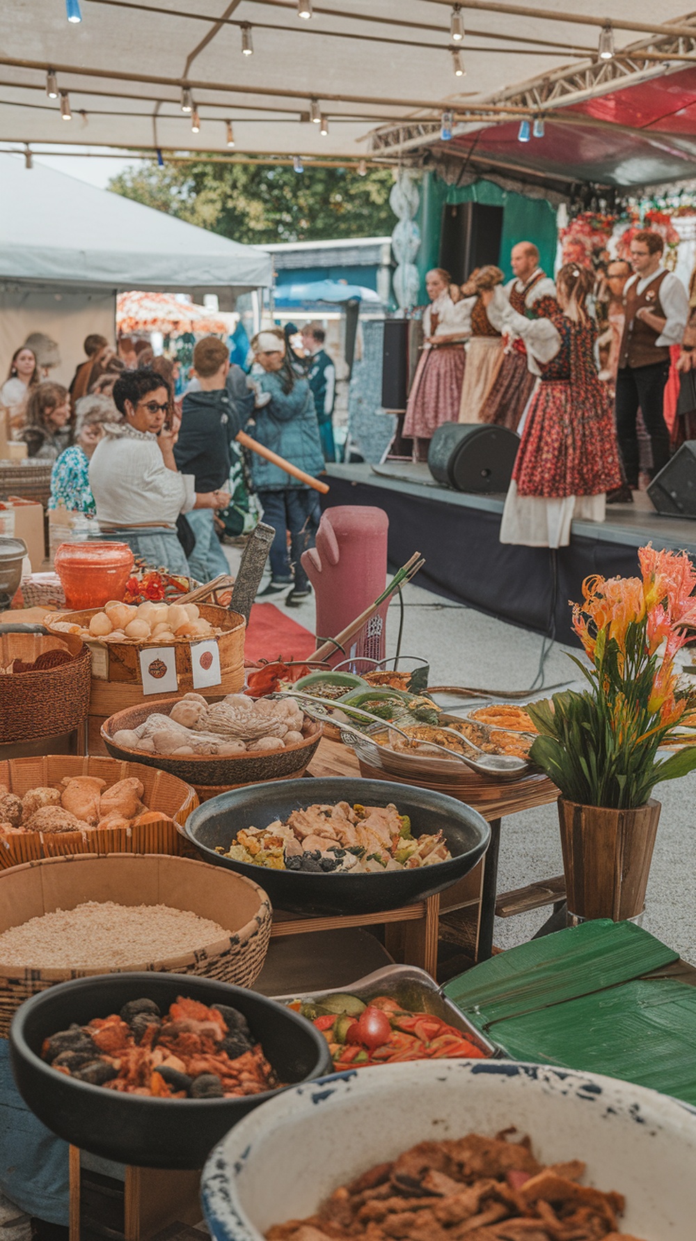A vibrant food festival scene with traditional performances and a variety of local dishes displayed.