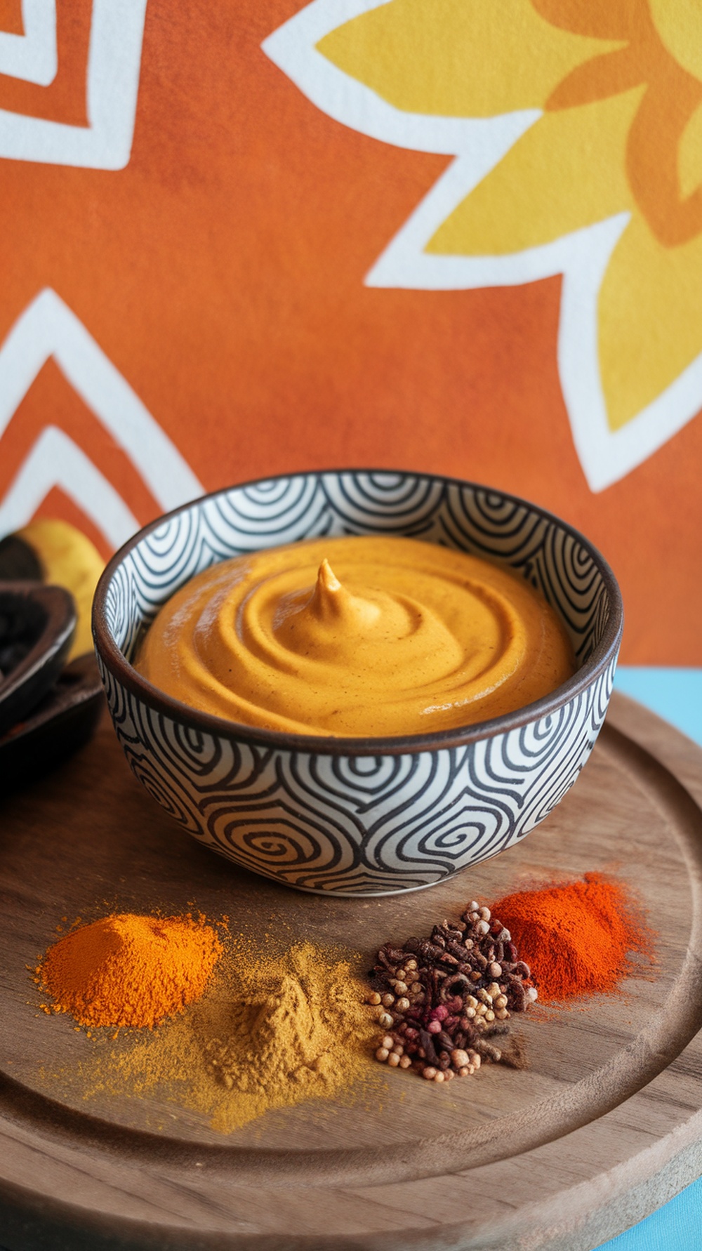 A bowl of curry mayonnaise with spices surrounding it on a wooden platter.