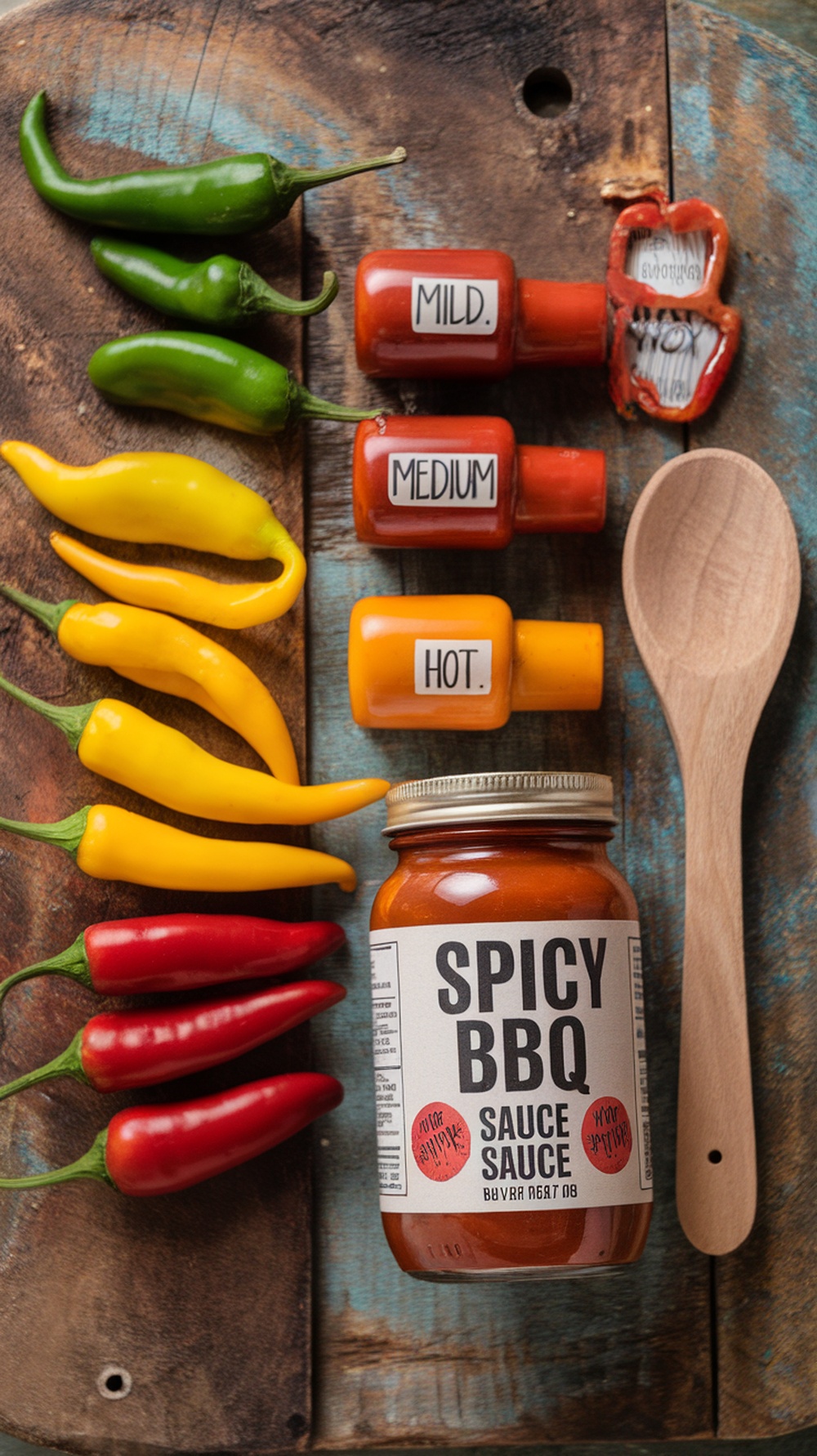 A collection of colorful peppers and BBQ sauce bottles with a wooden spoon