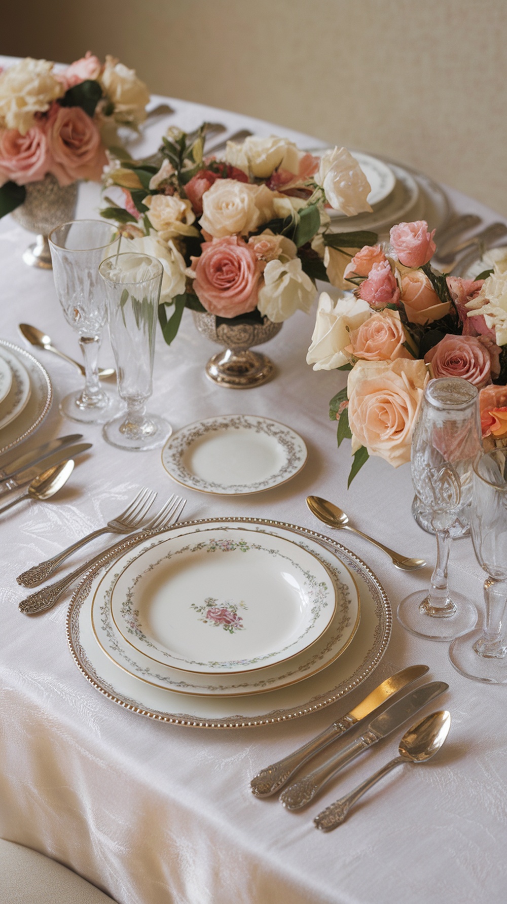 Elegant table setting featuring fine china, beautiful floral arrangements, and sparkling glassware.