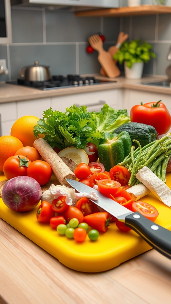 A vibrant yellow plastic chopping board with chopped tomatoes and fresh vegetables in a kitchen setting.