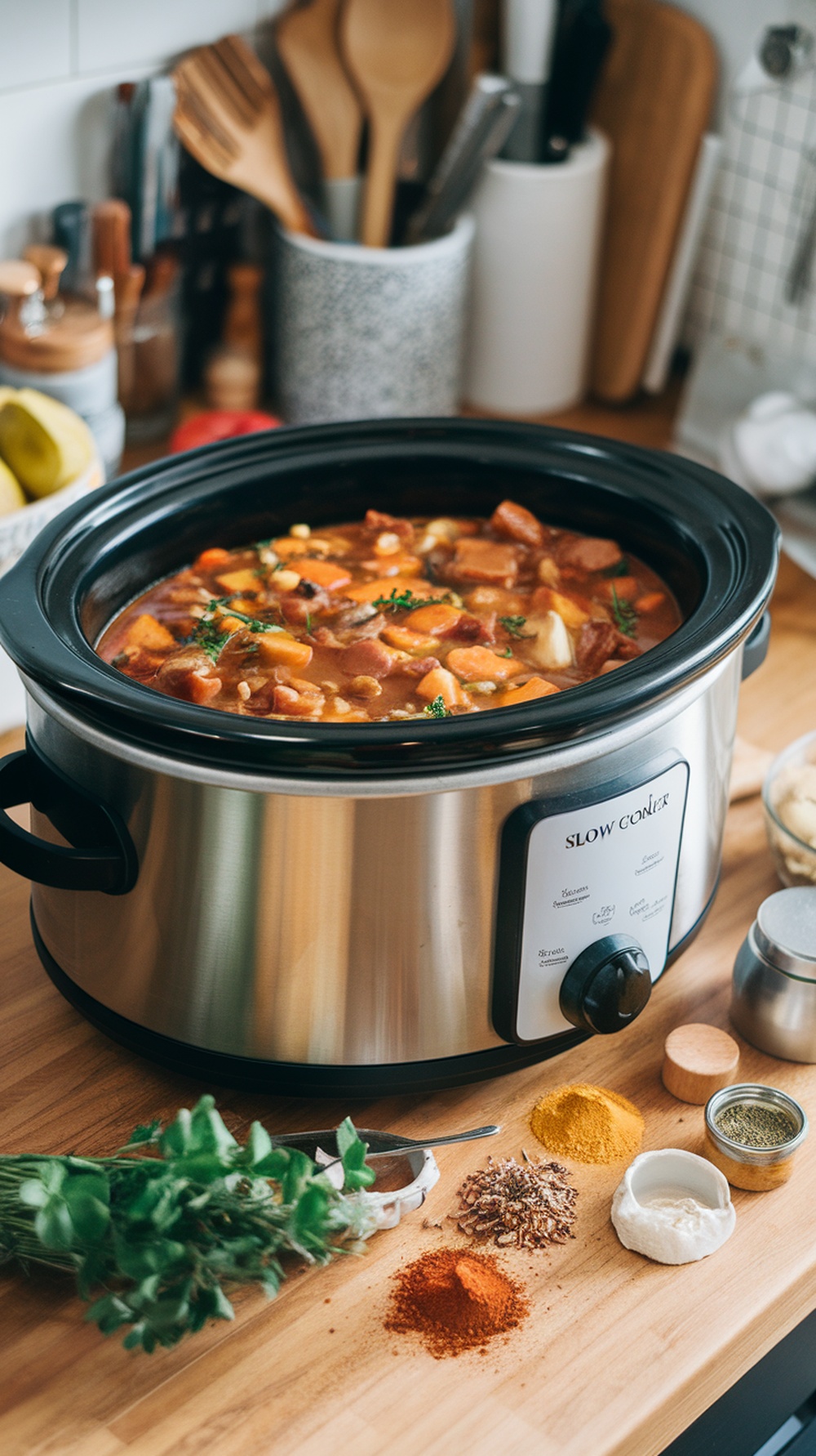 A slow cooker filled with stew and surrounded by fresh herbs and spices on a kitchen counter.