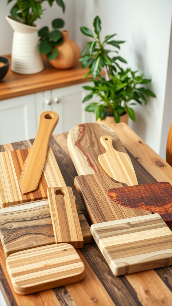 A variety of wooden chopping boards displayed on a kitchen table, showcasing different shapes and grains.