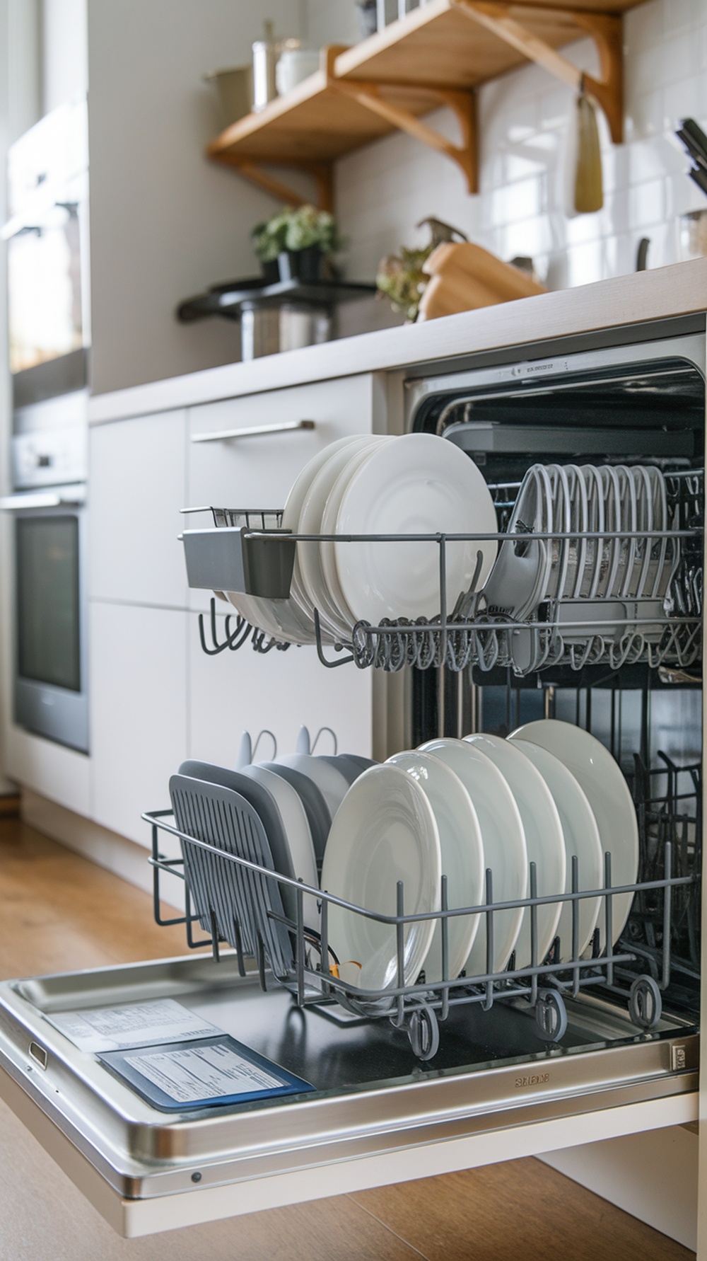 A modern dishwasher with plates and cookware inside, showcasing an organized loading system.