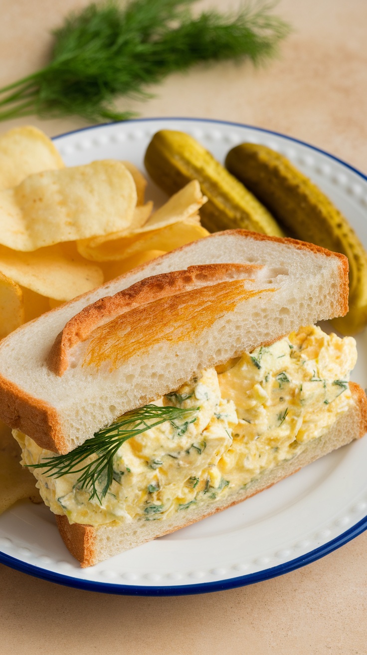 Egg salad sandwich with dill on a plate with chips and pickles.