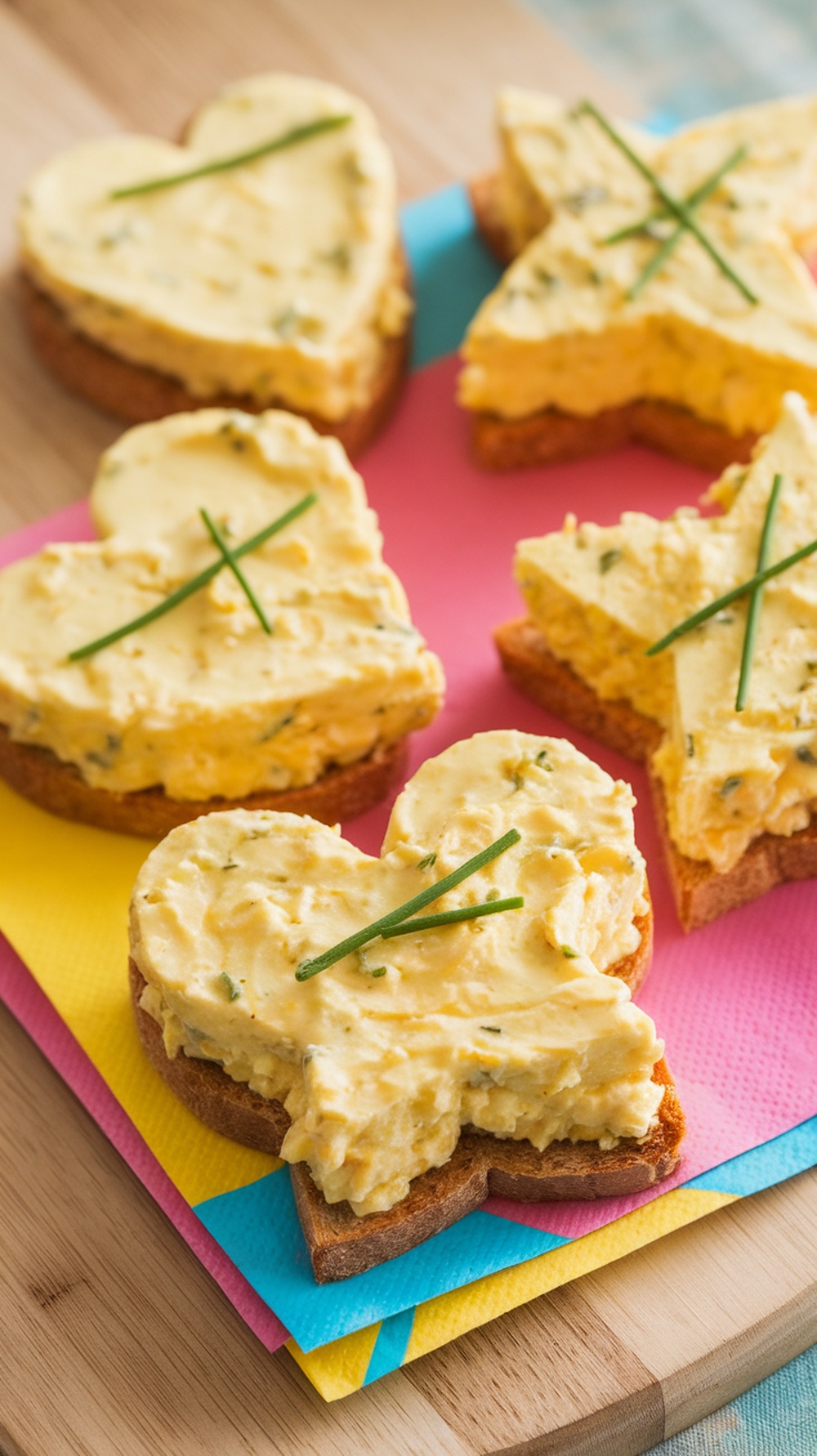 Heart-shaped egg salad sandwiches on colorful napkins