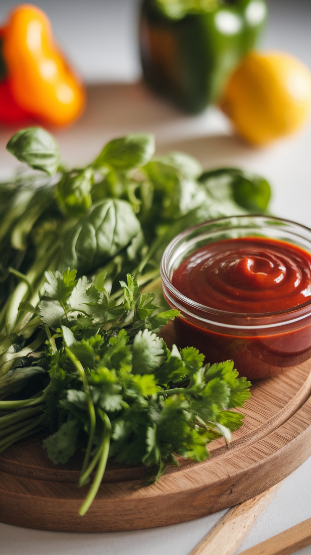 A collection of fresh herbs and BBQ sauce ingredients.