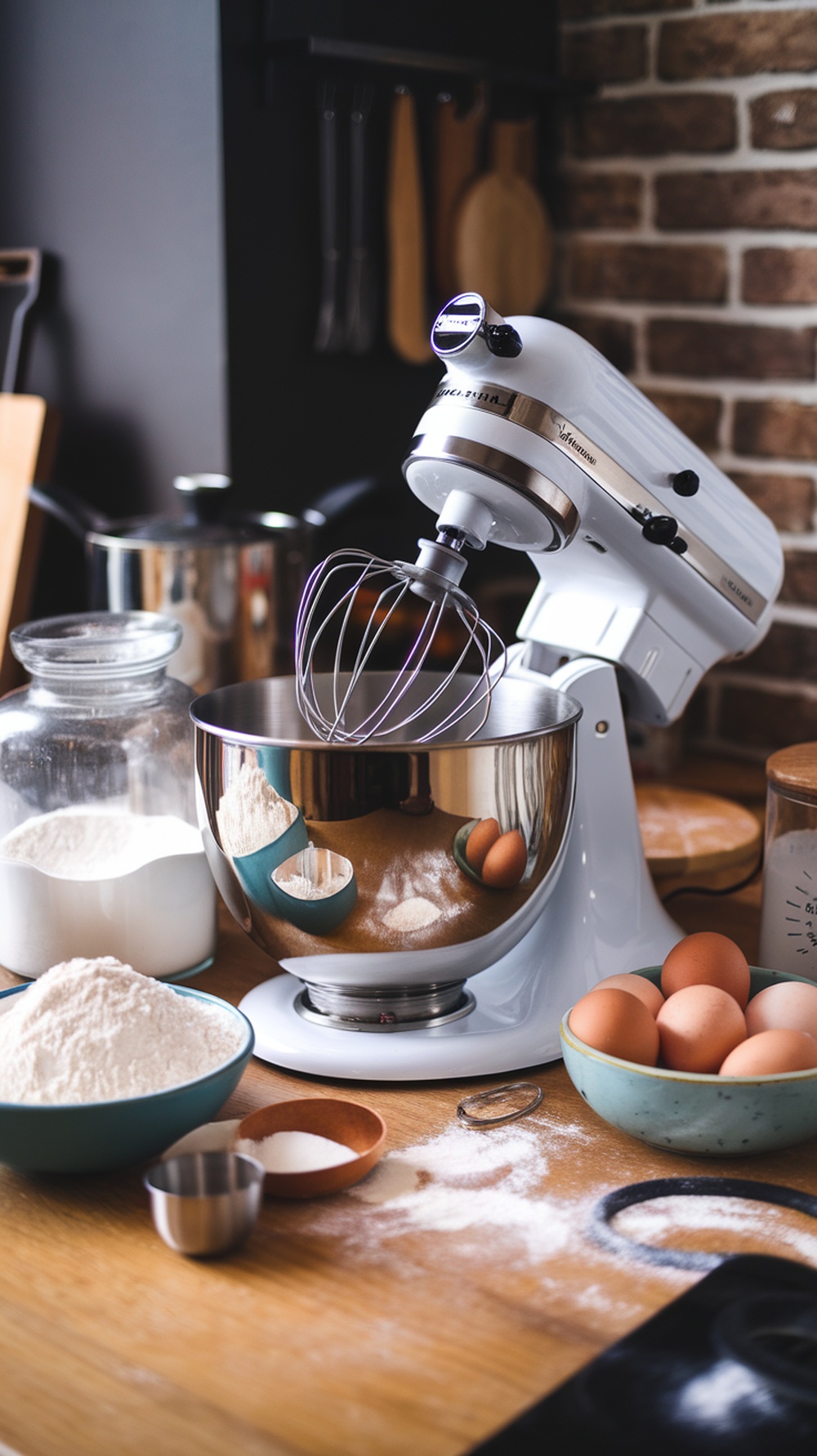 A stand mixer on a kitchen counter surrounded by baking ingredients like flour, eggs, and sugar.