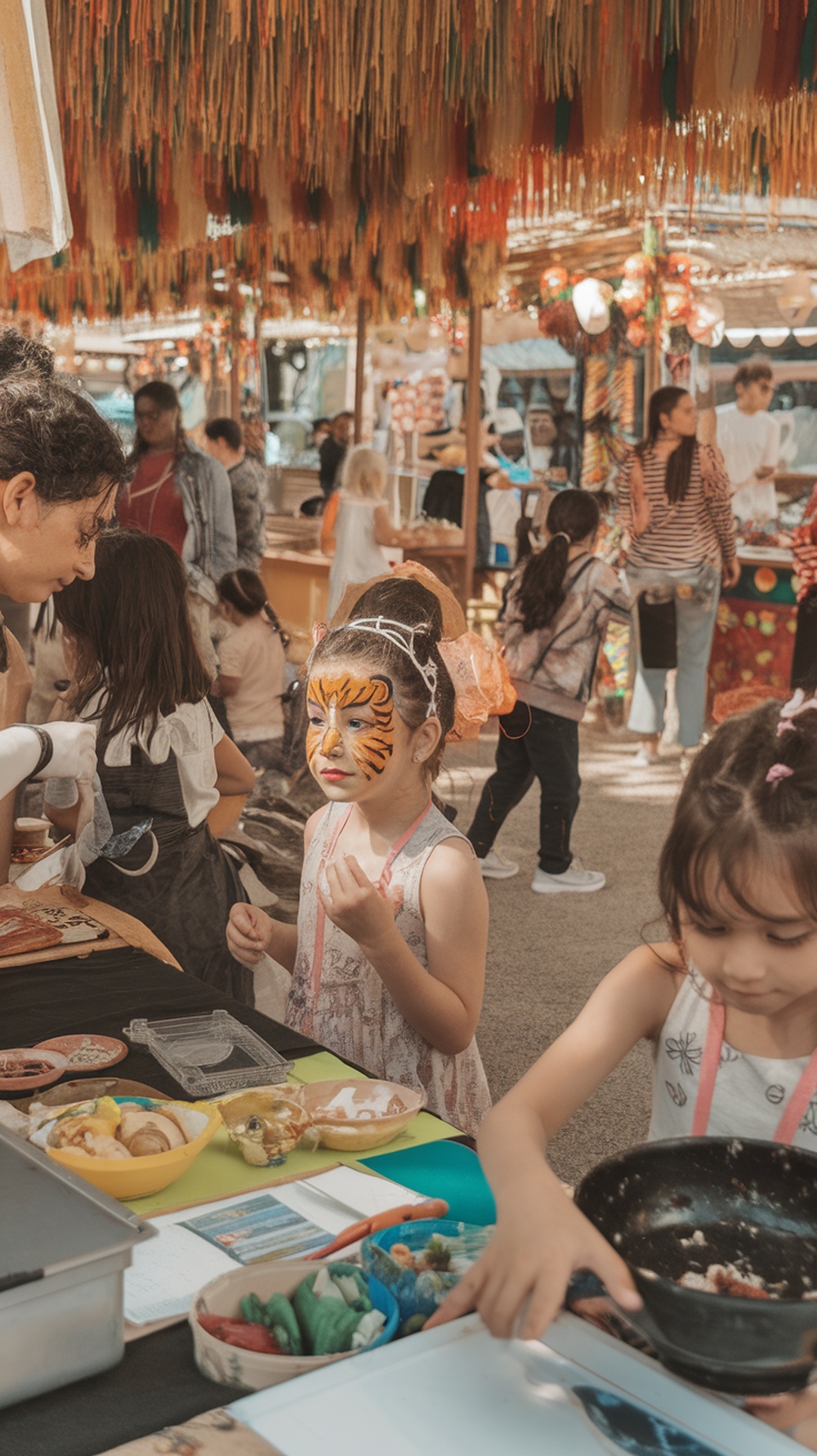Children engaging in activities at a food festival, with one girl having her face painted like a tiger.