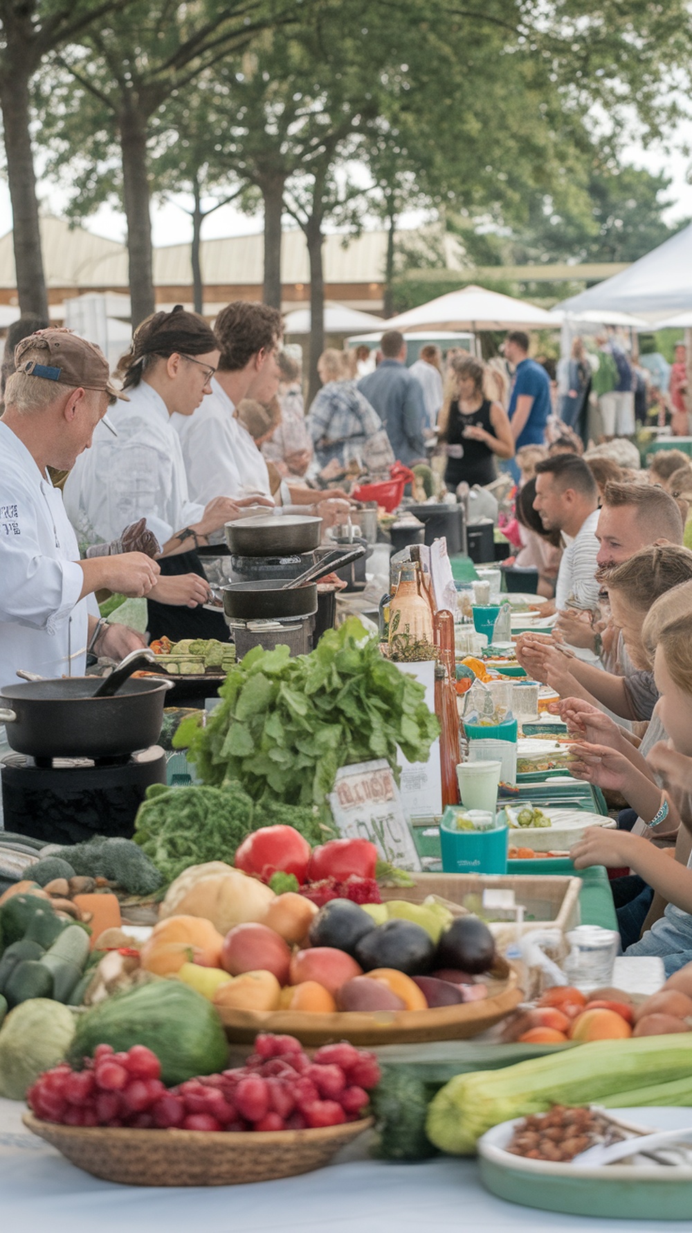 Chefs preparing food at a local food festival with a long table of fresh produce and happy attendees enjoying their meals.