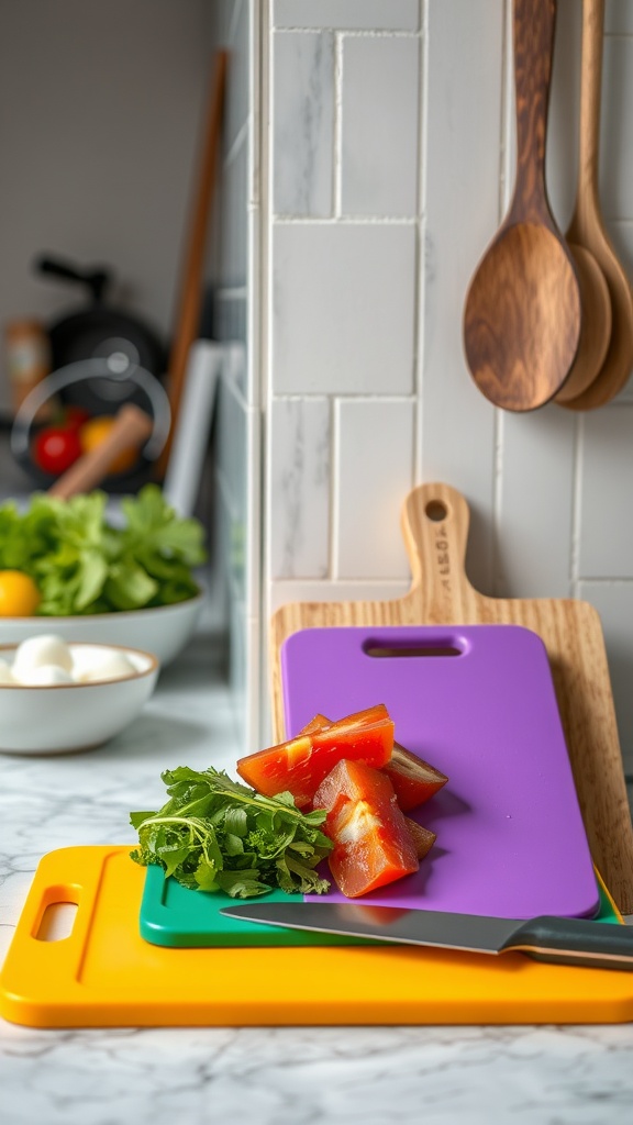 A kitchen scene featuring colorful plastic chopping boards and a wooden board with cut vegetables.
