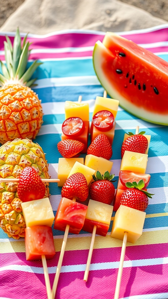 A colorful arrangement of fresh fruit skewers with strawberries, pineapple, and watermelon on a striped beach towel.