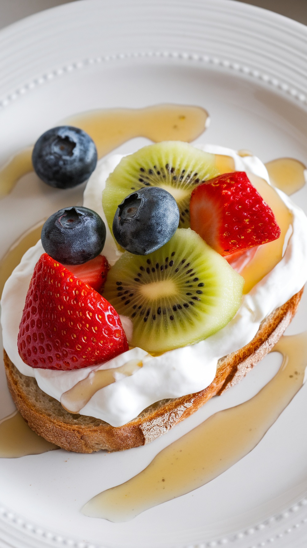 A slice of toast topped with yogurt and fresh fruits.