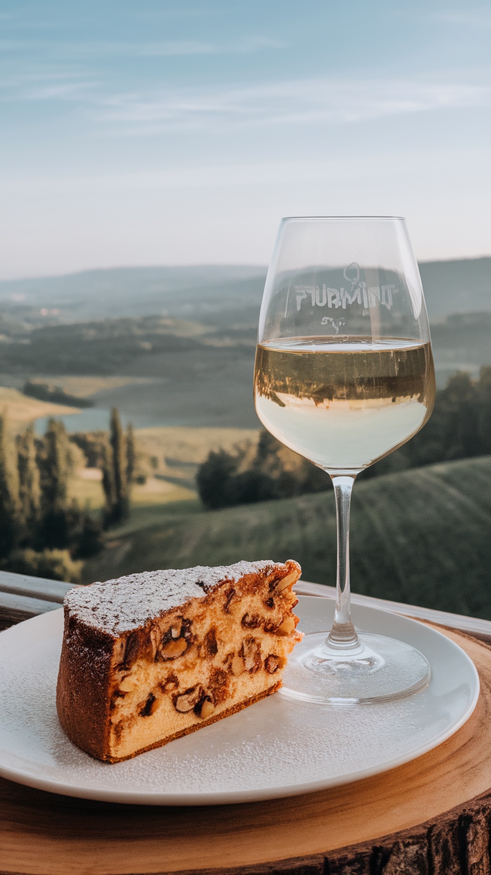A glass of Furmint wine next to a slice of dessert on a plate, with a scenic view in the background.