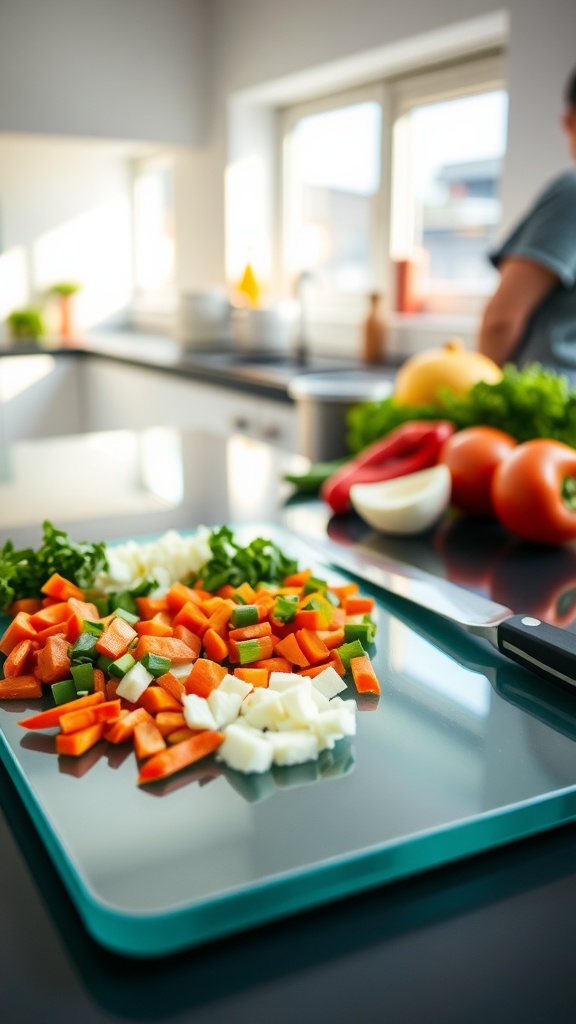 Chopped vegetables on a glass chopping board in a modern kitchen setting