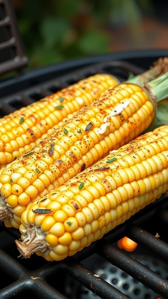 Grilled corn on the cob with spices and herbs on a grill.