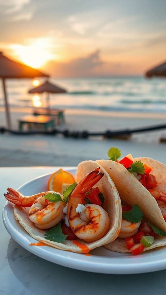 A plate of grilled shrimp tacos with fresh vegetables, set against a beach sunset.