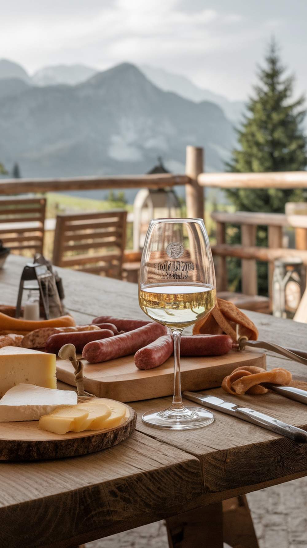 A glass of Gruner Veltliner wine on a wooden table with cheese and sausages, mountains in the background