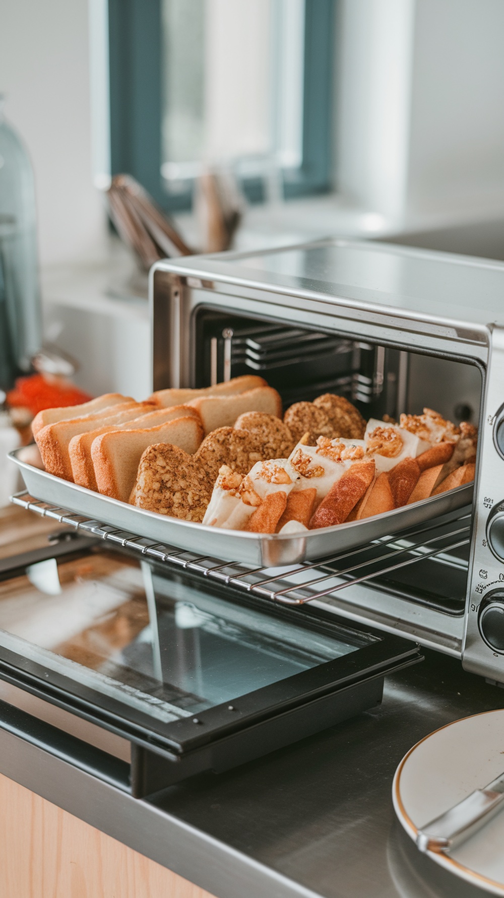 A toaster oven filled with various pieces of toasted bread and pastries on a kitchen countertop