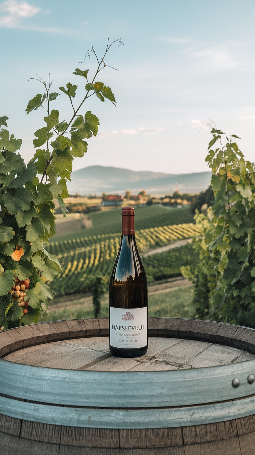 A bottle of Harslevelu wine on a wooden barrel with vineyards in the background.