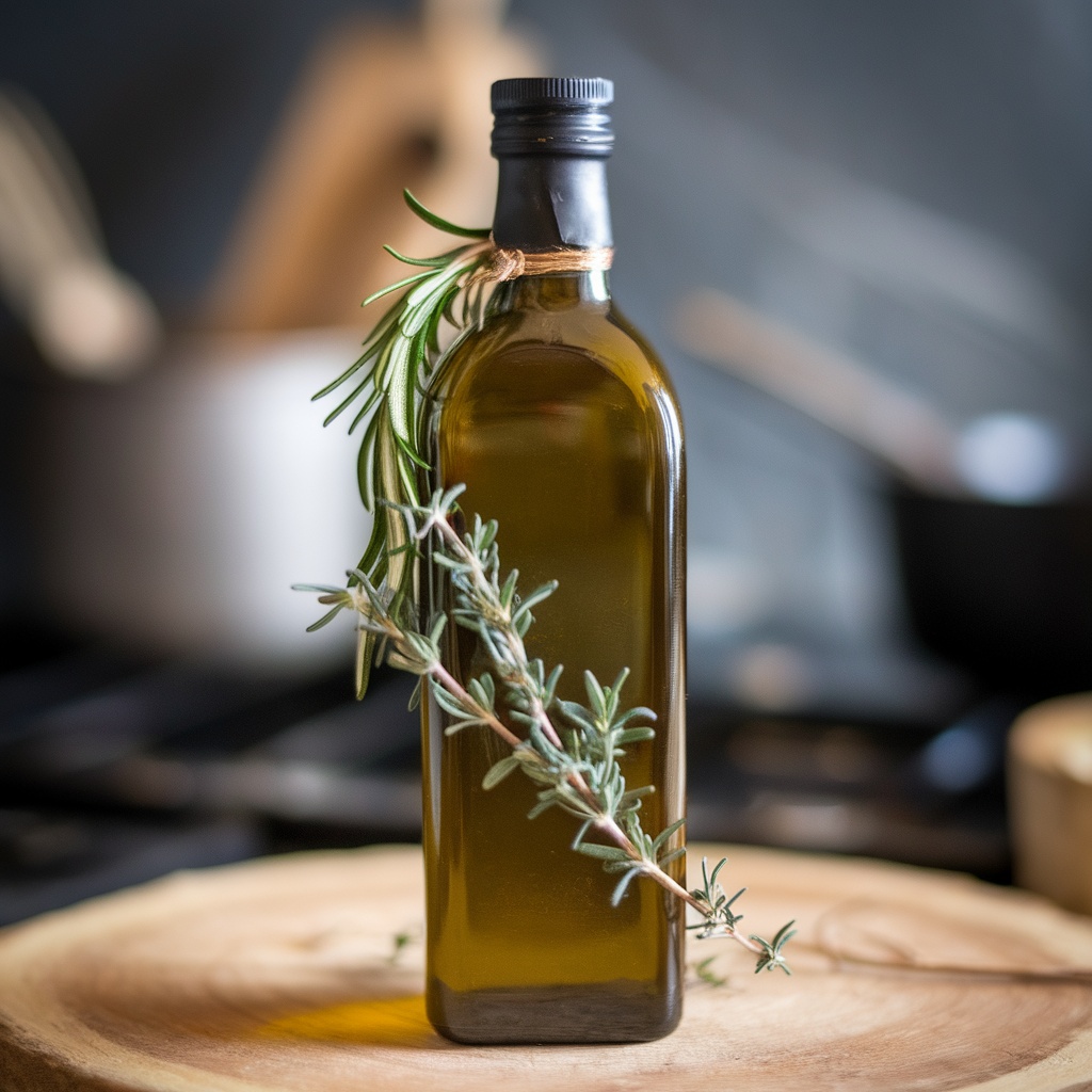 A bottle of olive oil with fresh rosemary resting on a wooden surface.