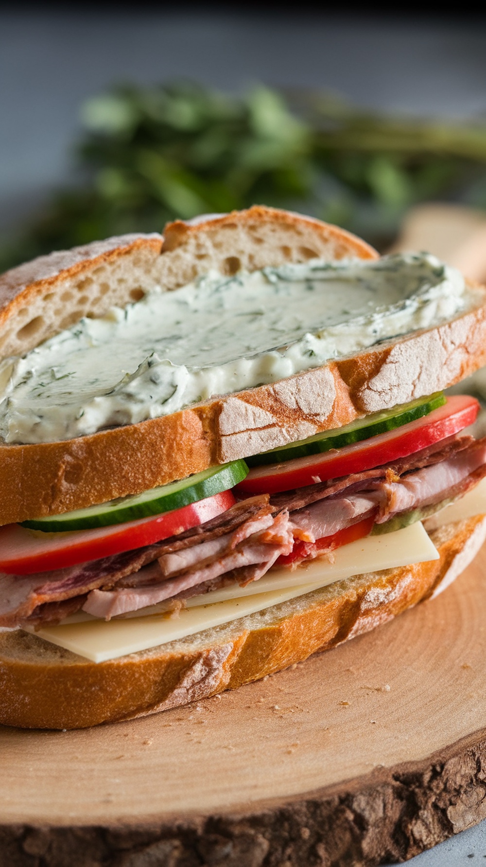 Close-up of a sandwich featuring layers of ham, cheese, tomatoes, cucumbers, and a spread of herbed mayonnaise.