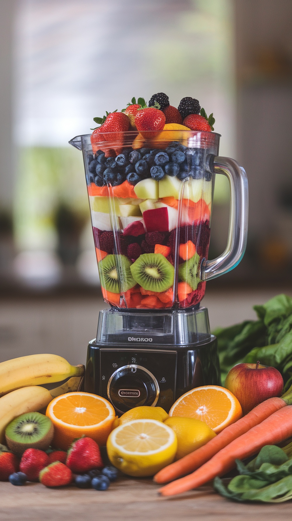 A high-quality blender filled with various fruits, including strawberries, blueberries, and oranges, with additional fruits and vegetables displayed around it.